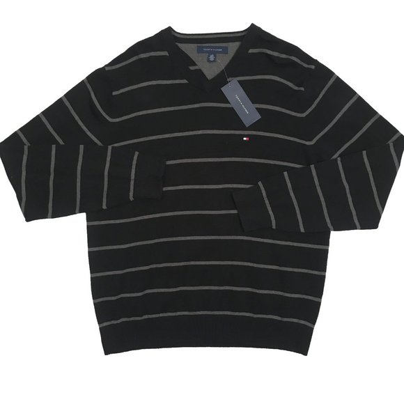 NEW Tommy Hilfiger Sweater!  Black With Gray Stripes  V Neck Tommy Flag on Chest - Picture 1 of 1
